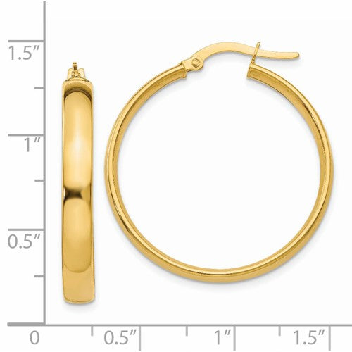 14k yellow gold round square tube hoop earrings 30mm x 4mm