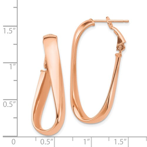 14k rose gold twisted oval omega back hoop earrings 35mm x 15mm x 5mm