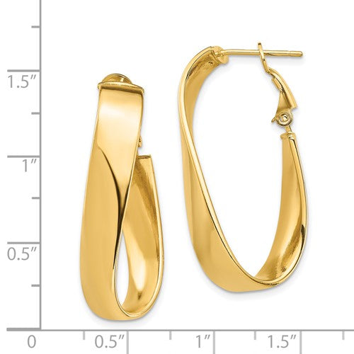 14k yellow gold twisted wavy oval omega back hoop earrings 35mm x 17mm x 7mm