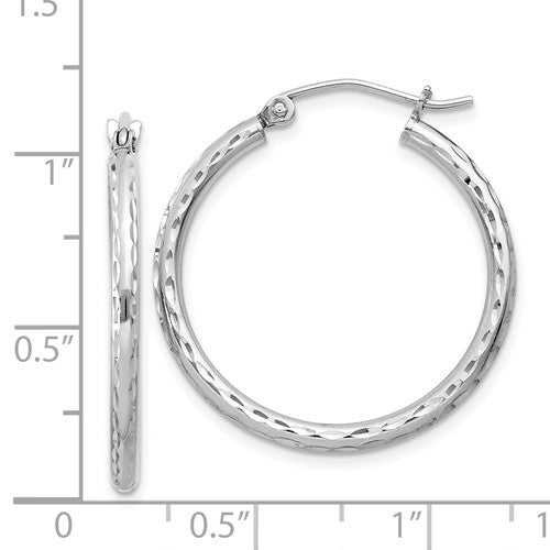 sterling silver rhodium plated diamond cut classic round hoop earrings 25mm x 2mm