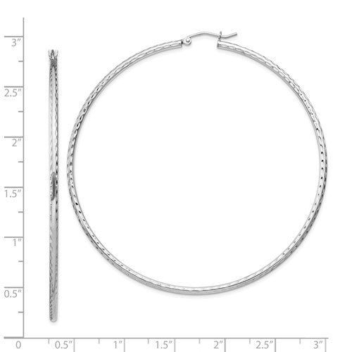 sterling silver rhodium plated diamond cut classic round hoop earrings 65mm x 2mm