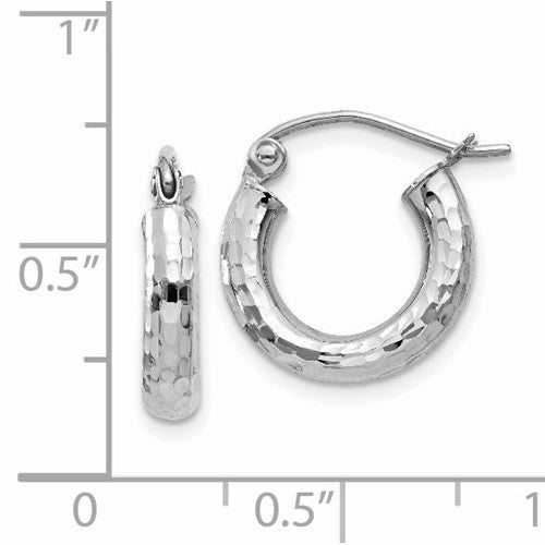 14k white gold diamond cut classic round diameter hoop textured earrings 13mm x 3mm