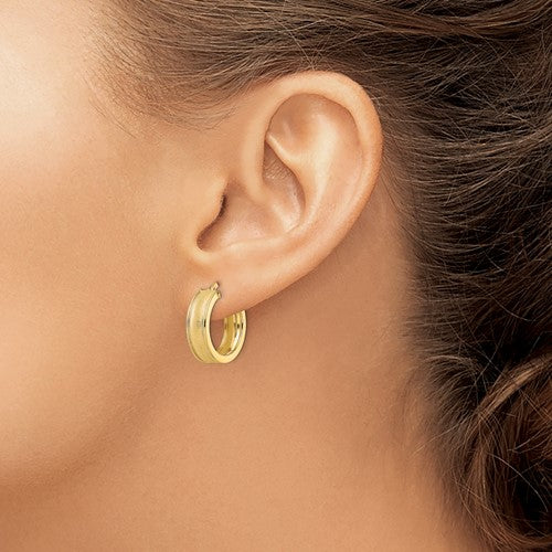 14k yellow gold brushed polished round grooved hoop earrings 19mm x 6mm