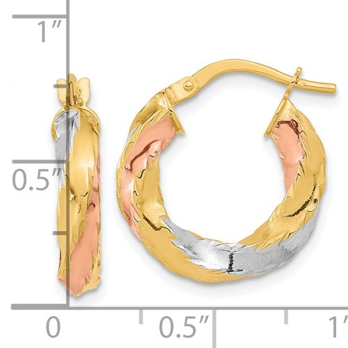 14k gold tri color twisted round hoop earrings