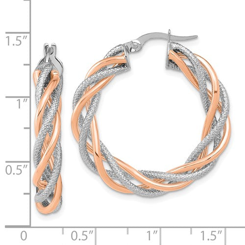 14k rose gold and rhodium two tone twisted round hoop earrings