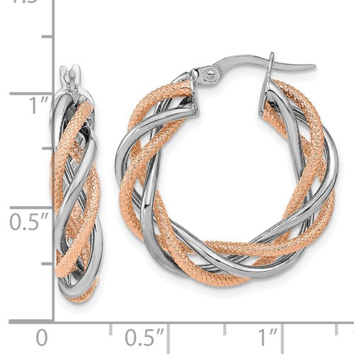 14k rose gold and rhodium two tone twisted round hoop earrings