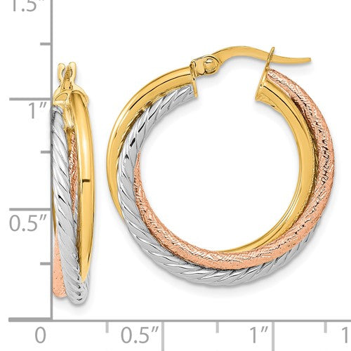 14k yellow rose gold rhodium tri color twisted round hoop earrings 26mm x 5mm