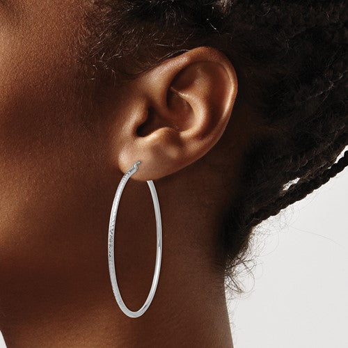 14k white gold diamond cut round hoop earrings 55mm x 2mm