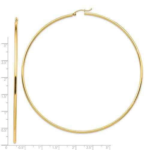 14k yellow gold 3.75 inches diameter extra large giant gigantic round classic hoop earrings 95mm x 2mm lightweight