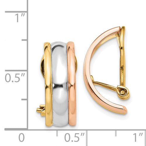 14k yellow rose white gold tri color non pierced clip on j hoop huggie earrings