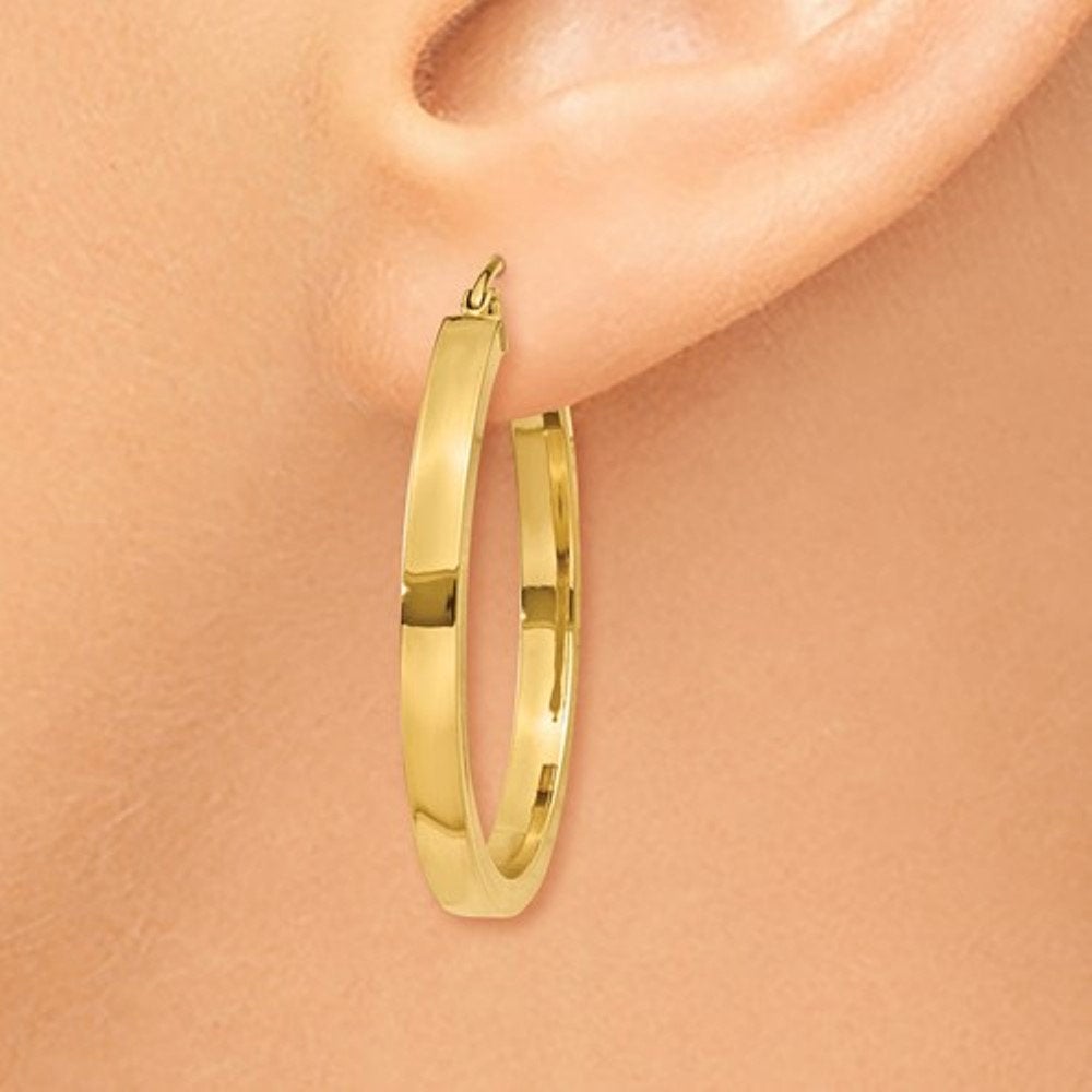 14k yellow gold square tube round hoop earrings 30mm x 3mm