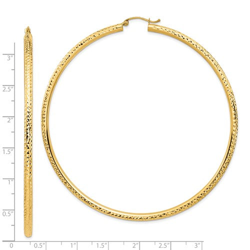 14k yellow gold 3 inch diameter extra large giant gigantic diamond cut round classic hoop earrings lightweight 78mm x 3mm