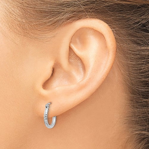 14k white gold diamond cut round hoop earrings 12mm x 2mm