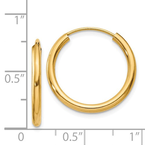 14k yellow gold round endless hoop earrings 20mm x 2mm