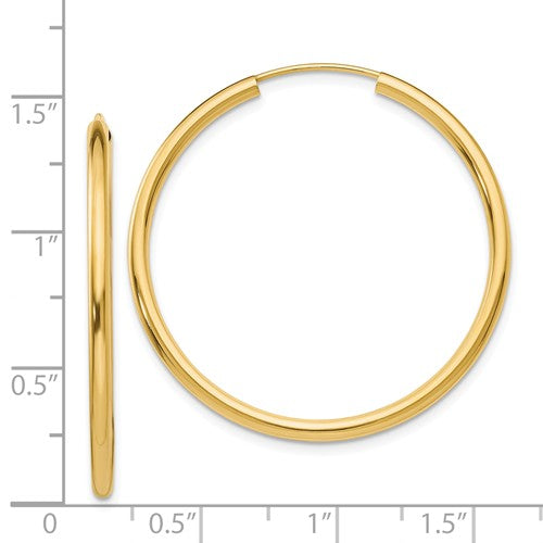 14k yellow gold round endless hoop earrings 35mm x 2mm
