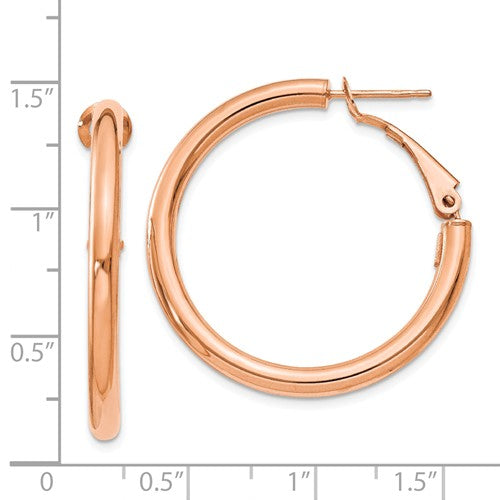 14k rose gold round omega back hoop earrings 33mm x 3mm