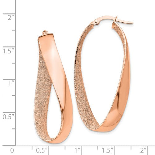 14k rose gold polished and satin twisted oval hoop earrings 45mm x 5mm