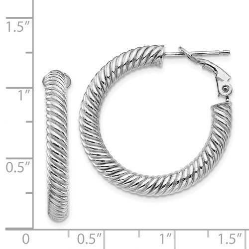 14k white gold twisted round omega back hoop earrings 27mm x 4mm