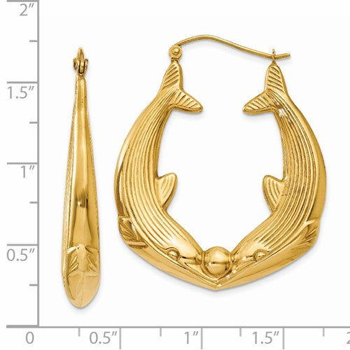 14k yellow gold dolphin hoop earrings 30mm