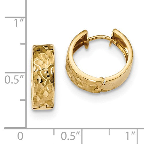 14k yellow gold waves pattern huggie hinged hoop earrings 14mm x 14mm x 5mm