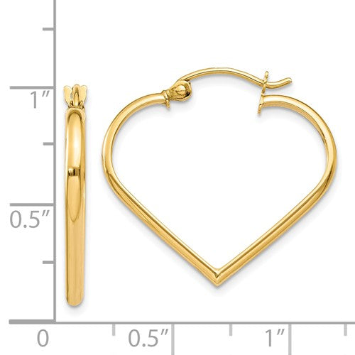 14k yellow gold heart hoop earrings 24mm x 2mm