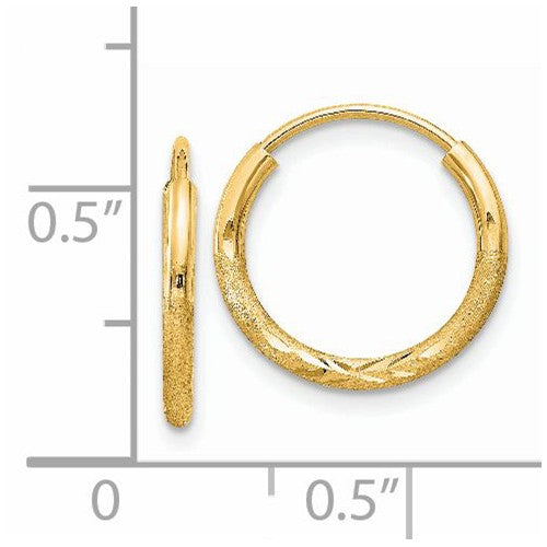 14k yellow gold satin diamond cut endless round hoop earrings 14mm x 1.5mm