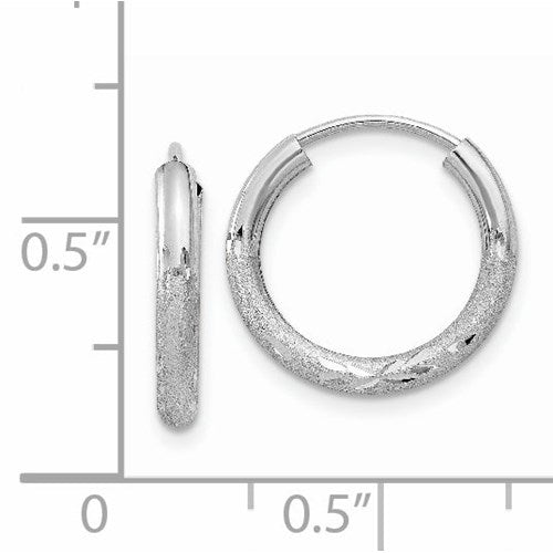 14k white gold satin diamond cut endless round hoop earrings 14mm x 2mm