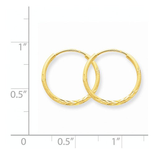 14k yellow gold diamond cut satin endless round hoop earrings 16mm x 1.25mm