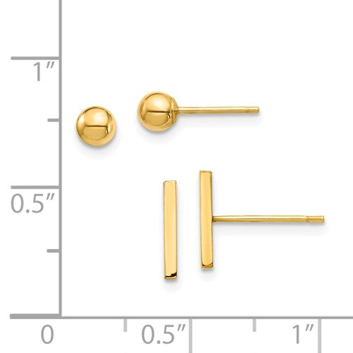 14k yellow gold petite tiny ball and bar 2 pair set stud earrings