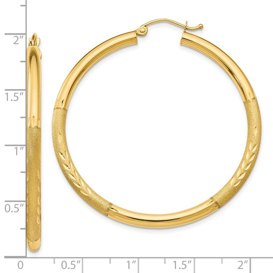 10k yellow gold satin diamond cut round hoop earrings 47mm x 3mm