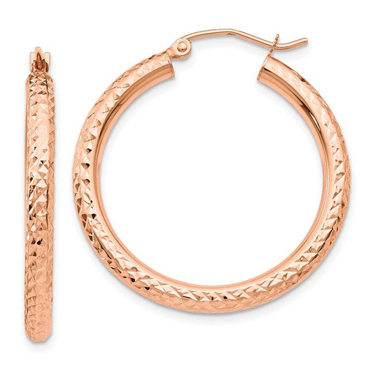 10k rose gold diamond cut round hoop earrings 30mm x 3mm