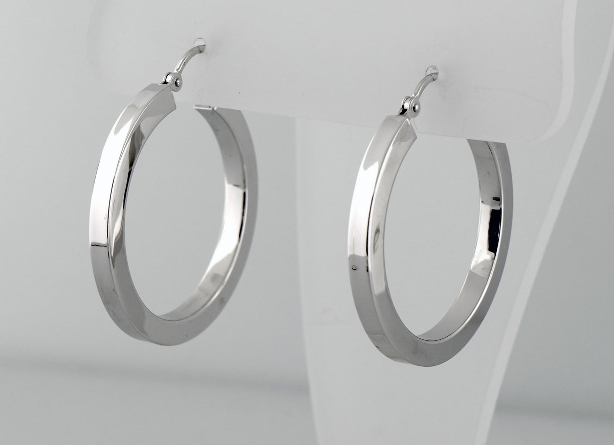 10k white gold classic square tube round hoop earrings 31mm x 3mm