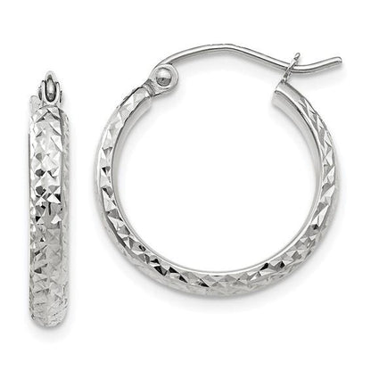 14k white gold diamond cut round hoop earrings 18mm x 2.5mm