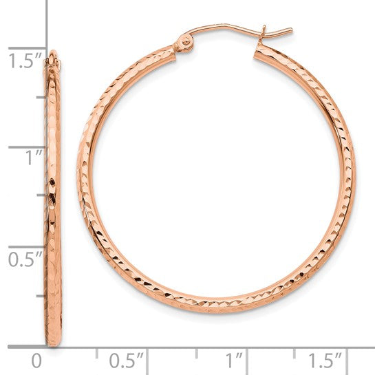 10k Rose Gold Diamond Cut Round Hoop Earrings 35mm x 2mm