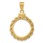 Indlæs billede til gallerivisning 14K Yellow Gold 16.5 mm Coin Bezel Holder Pendant Charm Diamond Cut Rope Edge 1/10 oz American Eagle Krugerrand Screw Top
