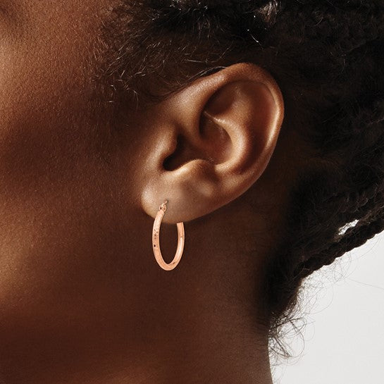 14K Rose Gold Diamond Cut Textured Classic Round Hoop Earrings 20mm x 2mm