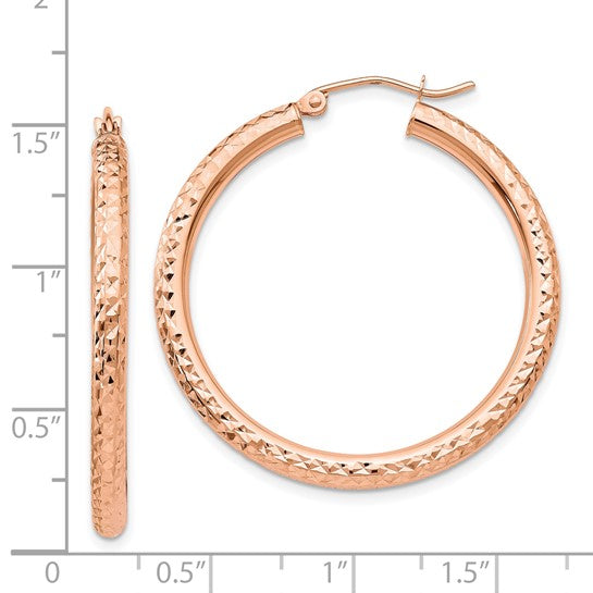 14k rose gold diamond cut classic round hoop textured earrings 36mm x 3mm