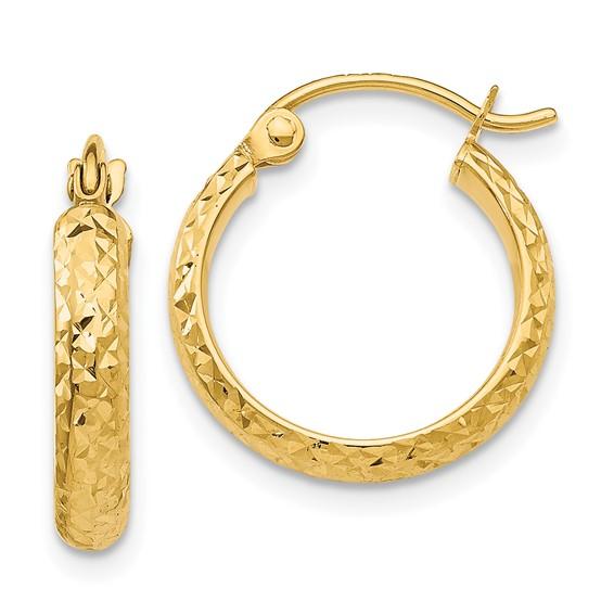 14k yellow gold diamond cut round hoop earrings 15mm x 2.5mm