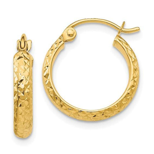 14k yellow gold diamond cut round hoop earrings 15mm x 2.5mm