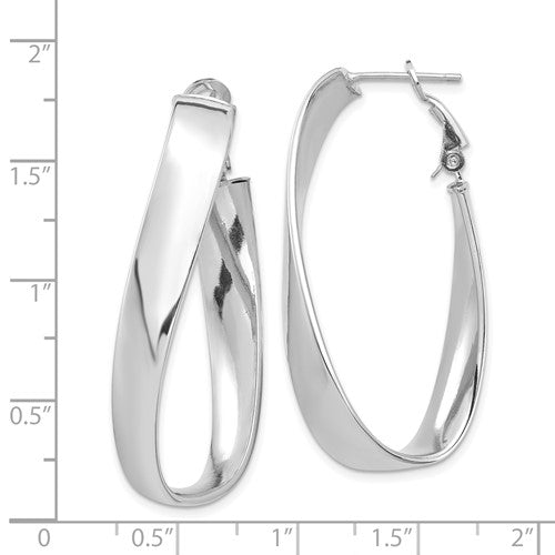 14k white gold twisted oval omega back hoop earrings 43mm x 19mm x 7mm