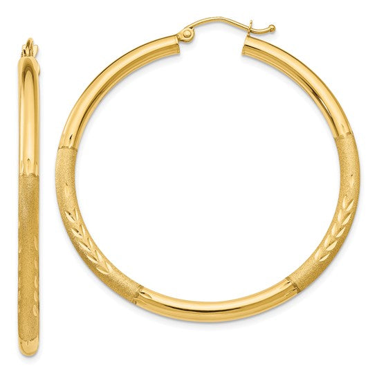 10k yellow gold satin diamond cut round hoop earrings 47mm x 3mm