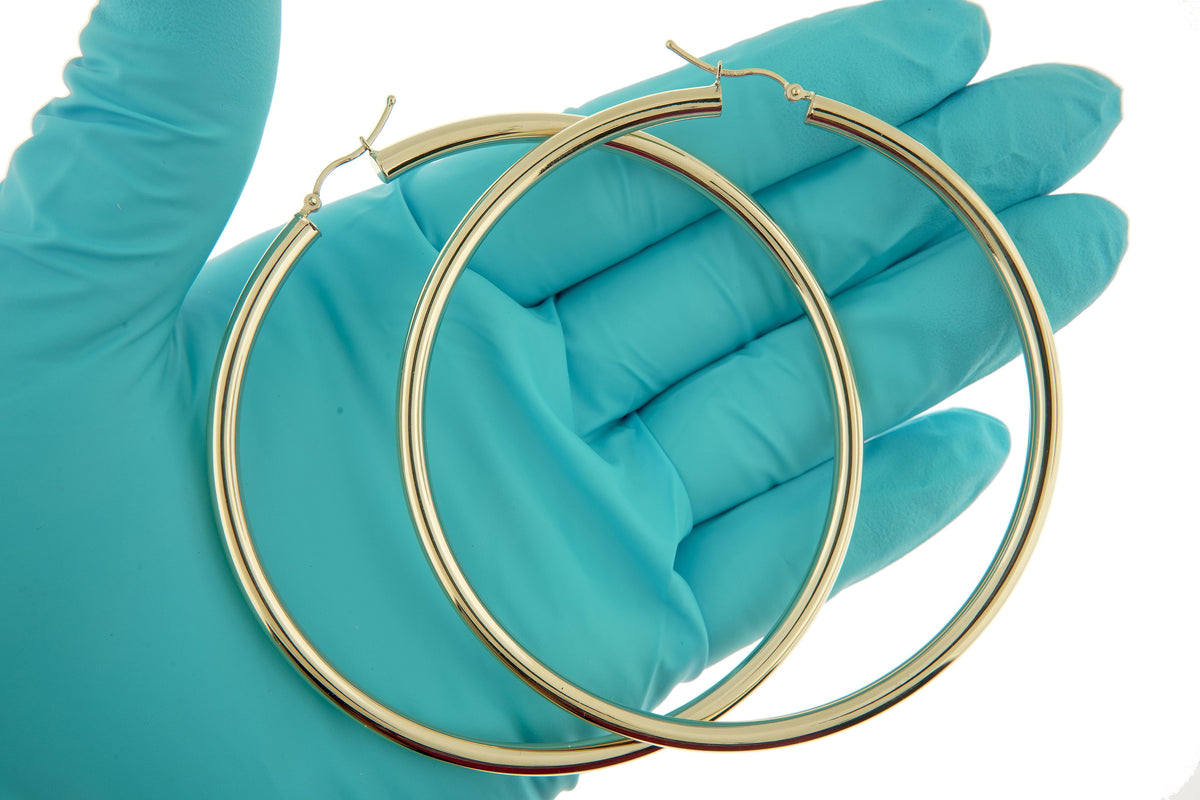14k yellow gold 3.15 inch diameter extra large giant gigantic round classic hoop earrings 80mm x 4mm