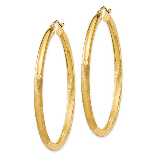 10k yellow gold satin diamond cut round hoop earrings 50mm x 3mm