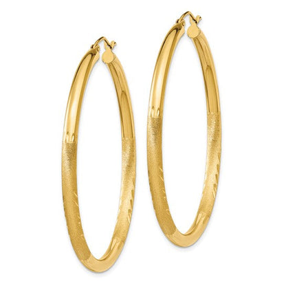 10k yellow gold satin diamond cut round hoop earrings 50mm x 3mm