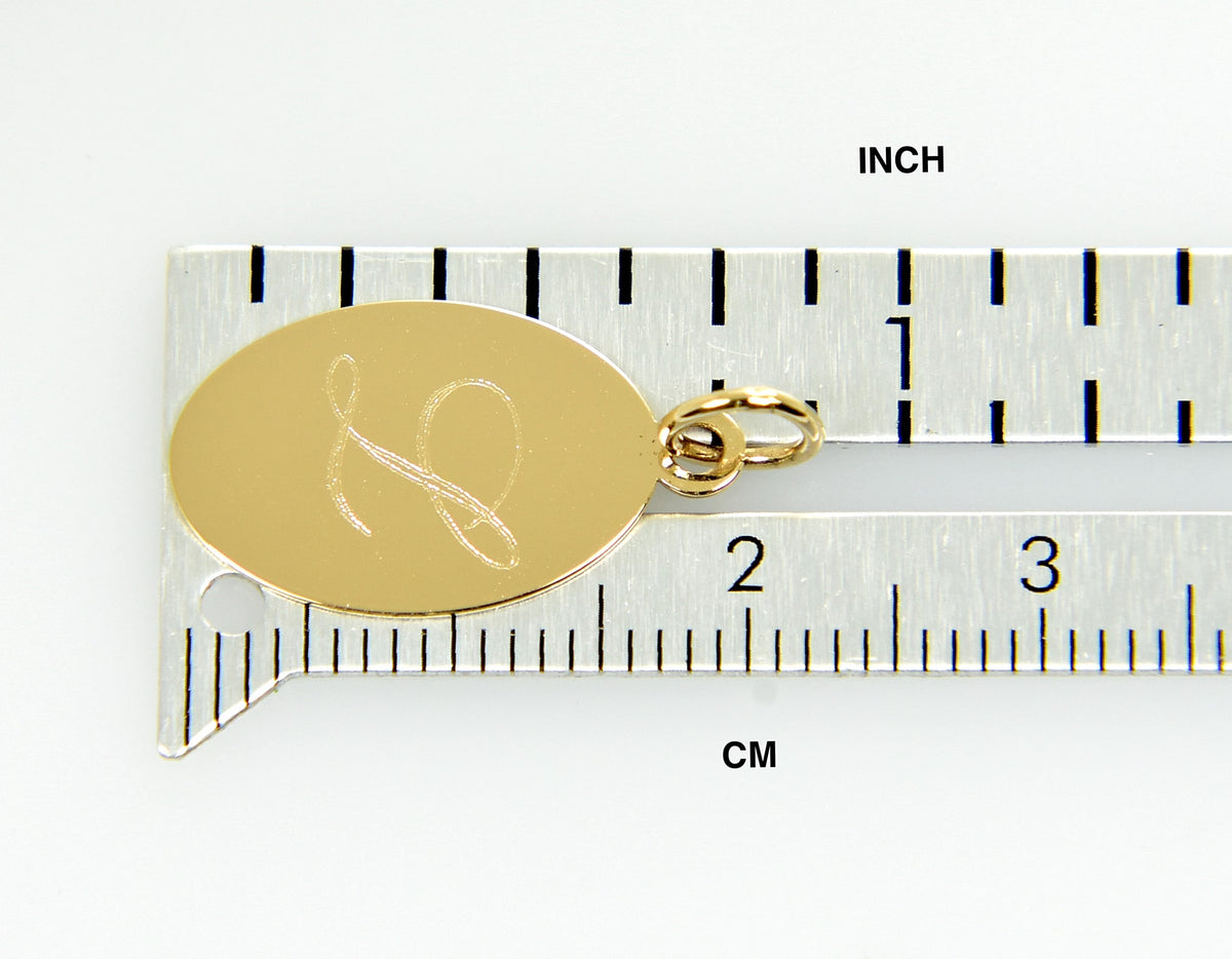 14k yellow gold oval disc pendant charm personalized engraved initial letter monogram