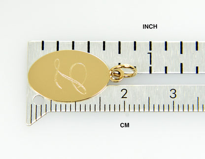 14k yellow gold oval disc pendant charm personalized engraved initial letter monogram