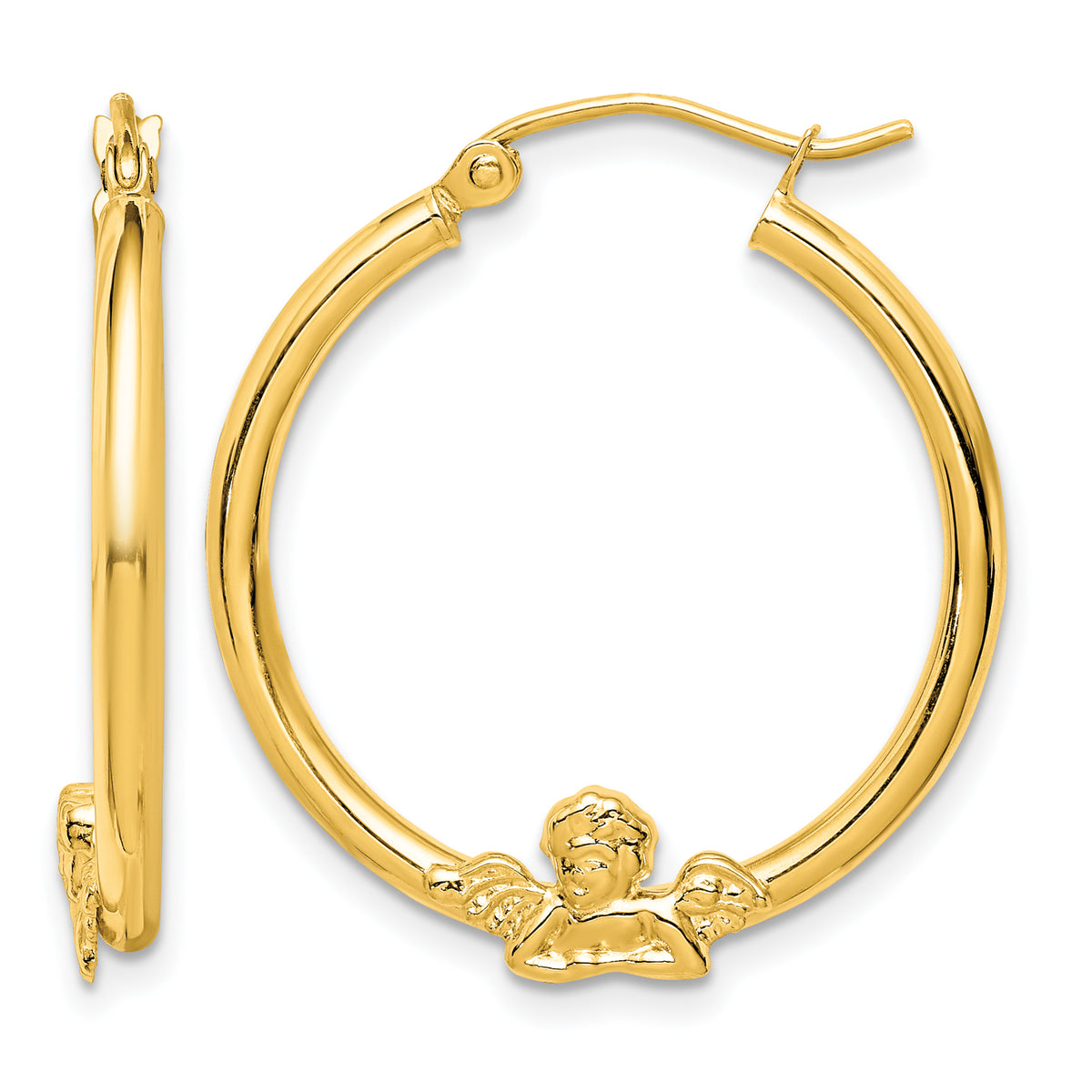 10K Yellow Gold 20mm x 3mm Angel Round Hoop Earrings
