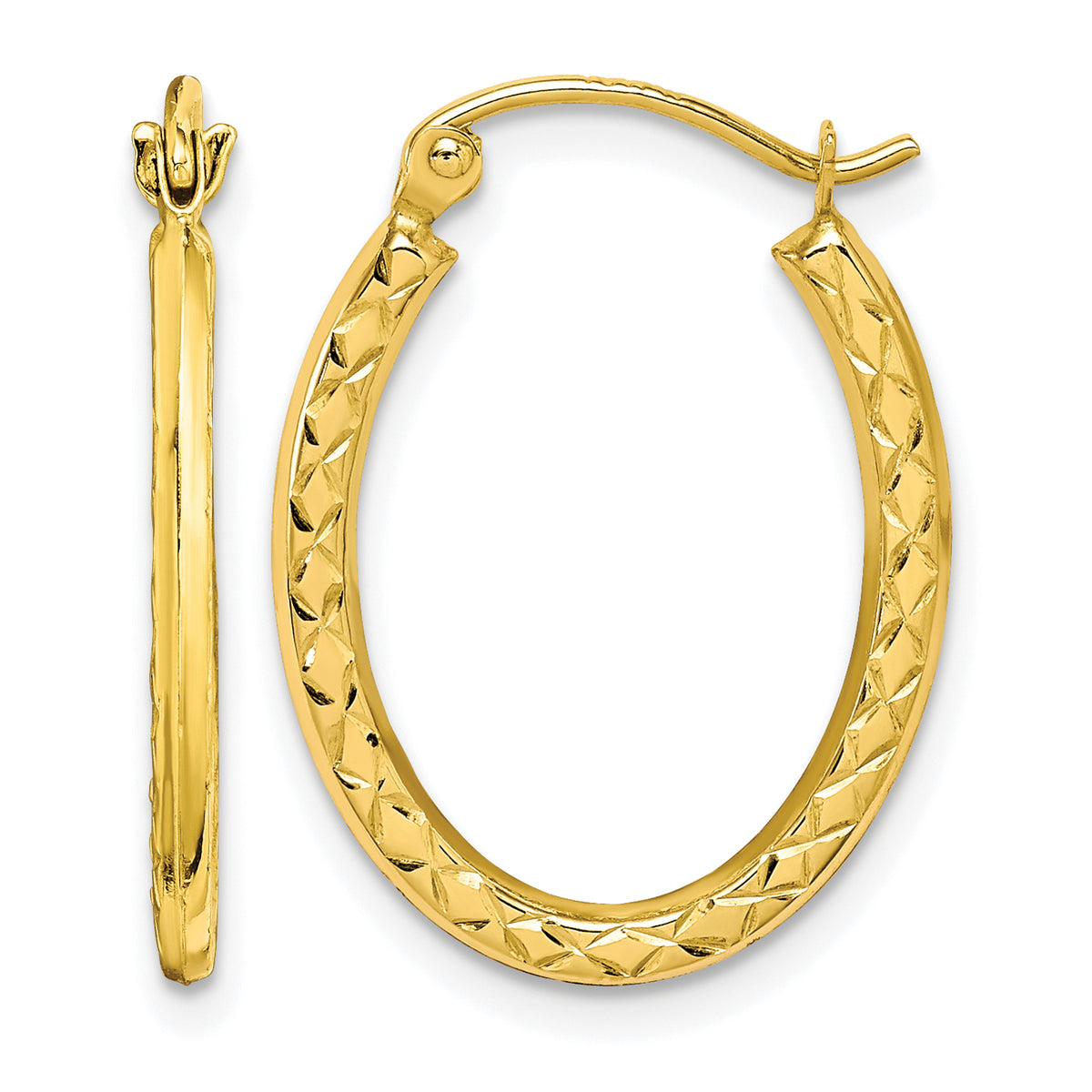 10K Yellow Gold 22mm x 17mm x 2mm Diamond Cut Textured Oval Hoop Earrings