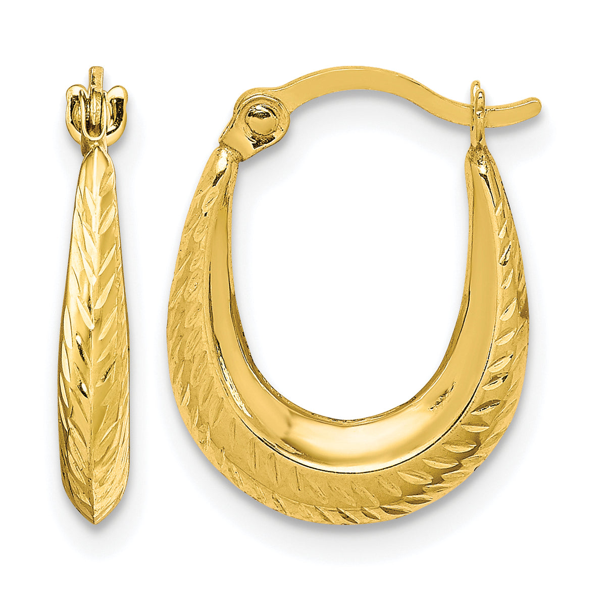 10K Yellow Gold 15mm x 3mm Textured Round Hoop Earrings