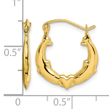 10K Yellow Gold 19mm x 2mm Dolphin Heart Round Hoop Earrings